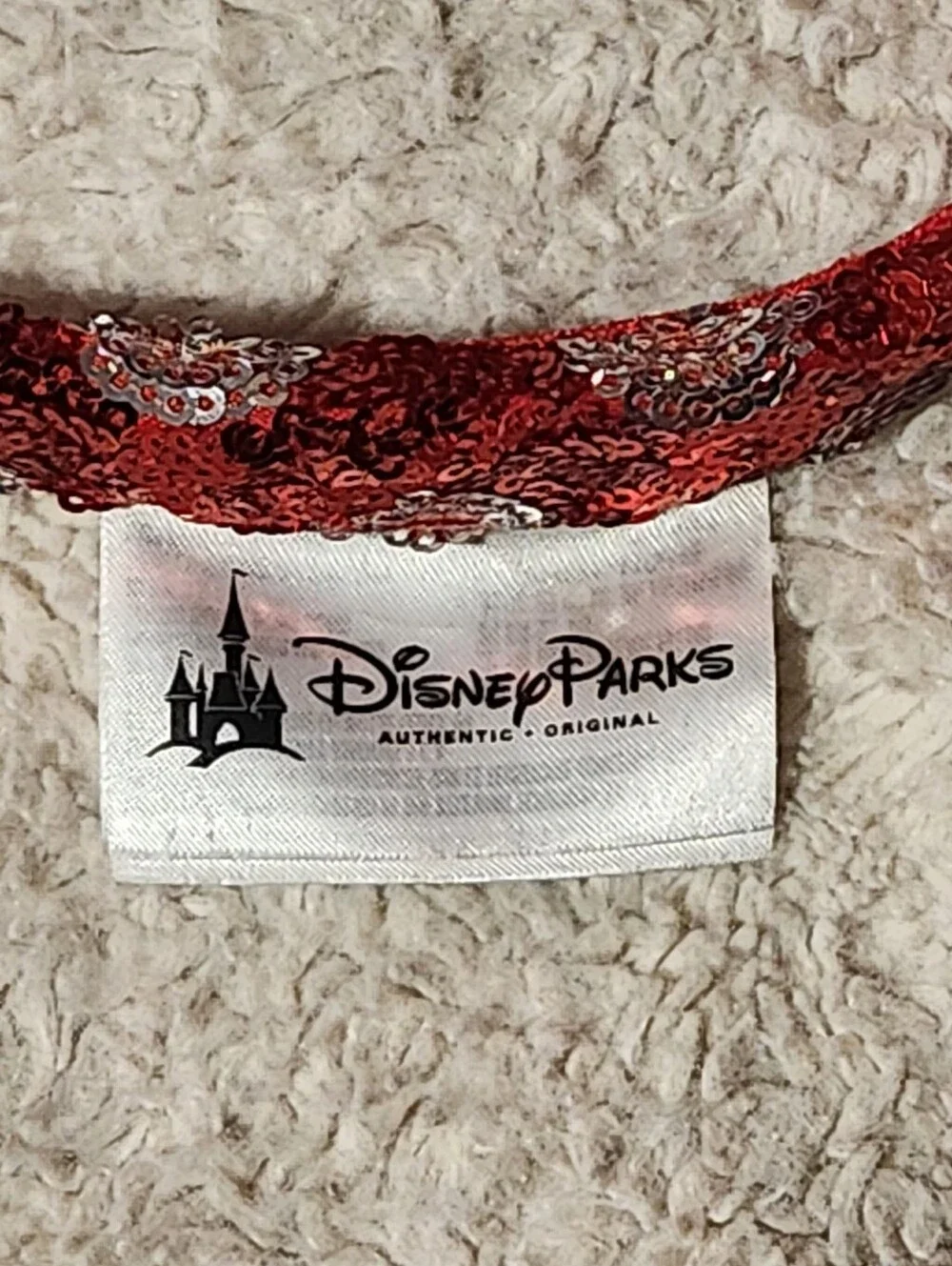 Disney Parks Minnie Mouse Ear Headband Red/Silver Polka Dots Black Bow Sequins